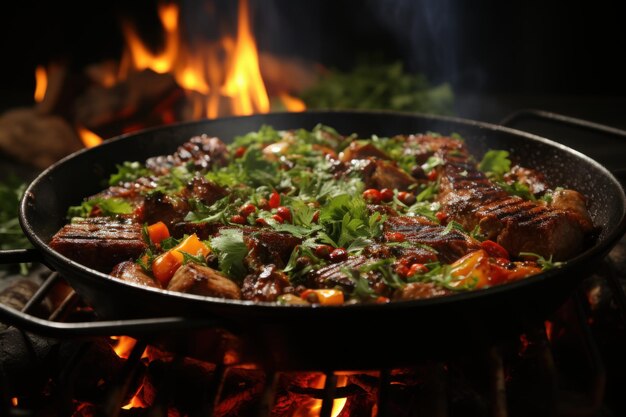 ragoût de viande cuisiné sur un feu de camp