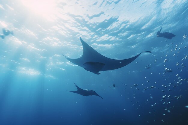 Les raies manta nagent dans la mer