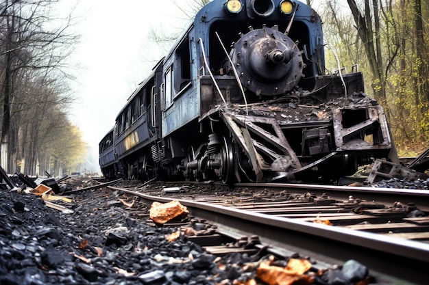 Rails de train cassés près d'une locomotive déraillée créée avec une IA générative