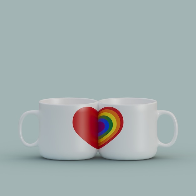 Rainbow Pride Demi Coeur Rouge Coloré Amour Match Tasses Close Together 3D Illustration Concept Render