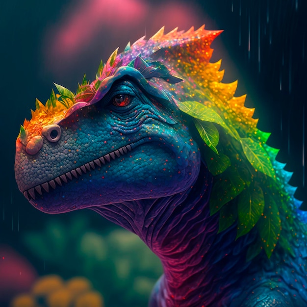 Rainbow Skies Vibrant Dinosaur Head in Darkened Wilderness Generative Ai