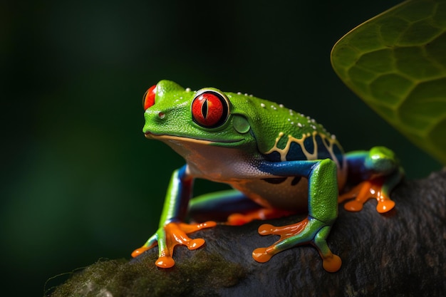 Une rainette aux yeux rouges est assise sur une branche.