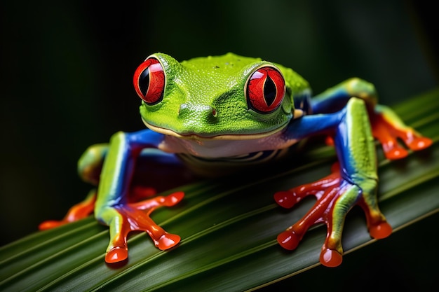 Rainette aux yeux rouges sur une feuille de forêt tropicale