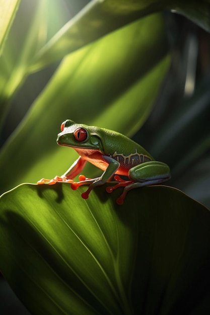 Une rainette verte est assise sur une feuille au soleil.