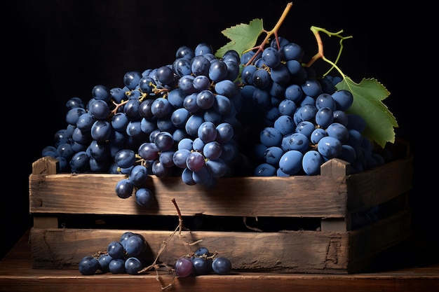 Raisin bleu frais dans une caisse en bois