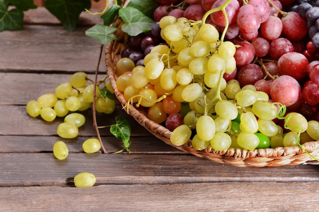 Raisin dans le panier sur la table en bois