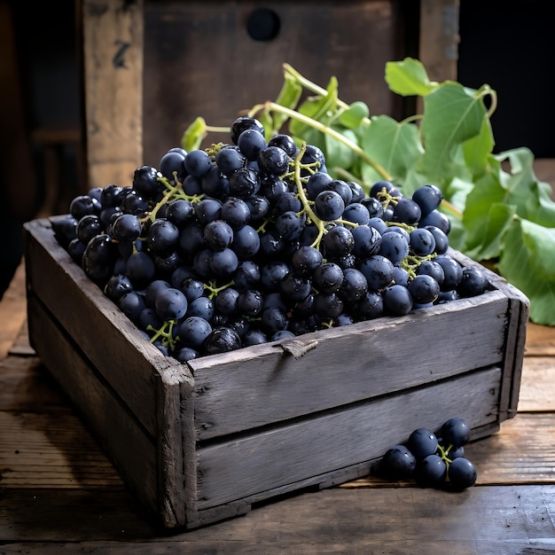 Raisin noir frais dans une caisse en bois