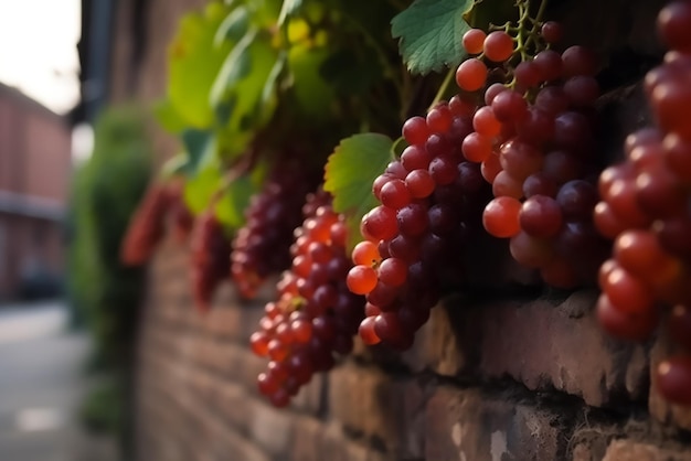 Raisins accrochés à un mur de briques