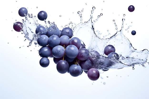Des raisins bleus frais et des éclaboussures d'eau sur un fond blanc