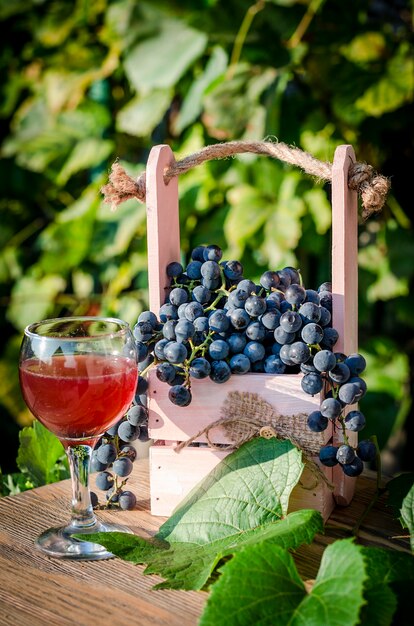 Raisins bleus et jus de raisin dans un verre