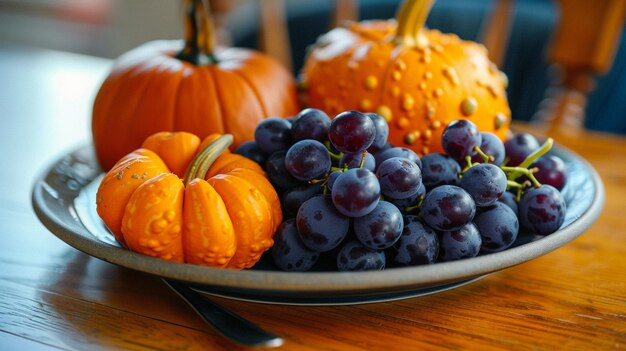 Des raisins et des citrouilles sur l'assiette