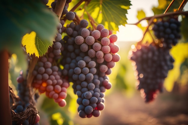 Raisins en croissance jardinage de vin rouge à l'aube du soleil du matin Generative AI