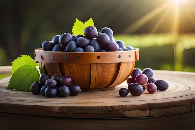 des raisins dans un bol en bois avec une feuille verte en arrière-plan