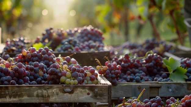 Des raisins dans des caisses en bois