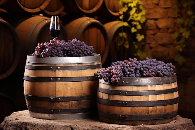 Photo des raisins dans une cave à vin avec des barils en arrière-plan