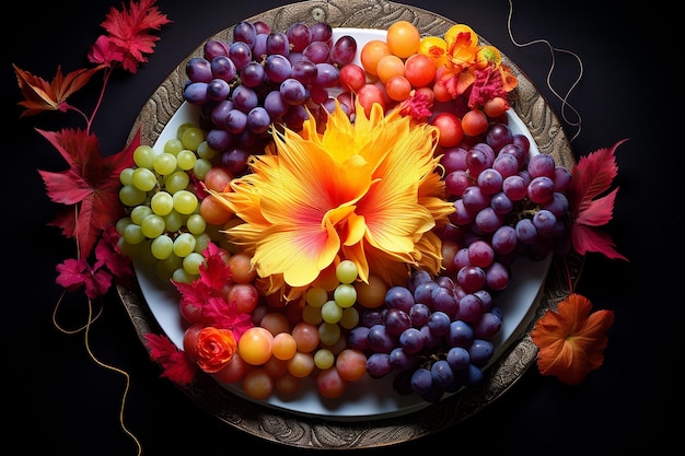 Photo des raisins disposés dans un plateau de fruits décoratifs avec des tranches de pêches