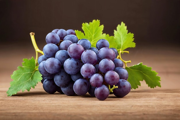 Raisins avec des feuilles sur fond de bois Raisins mûrs AIgenerated