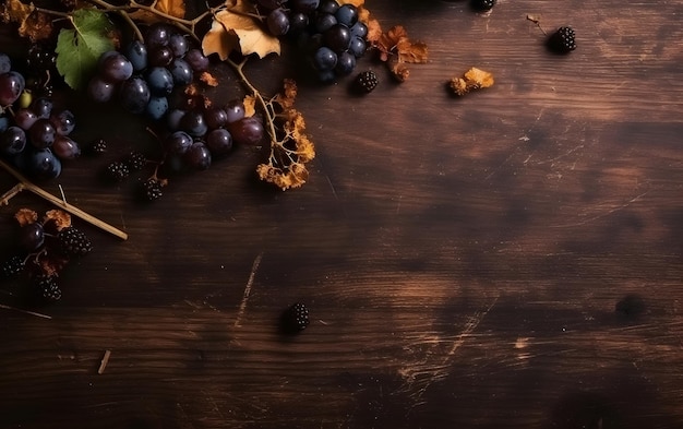 Raisins et feuilles sur fond sombre