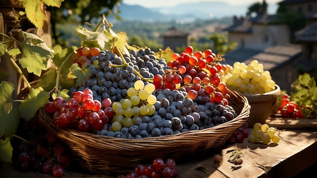 Photo raisins sur fond d'un magnifique paysage rural provincial agricole avec des champs d'automne sur les collines illustration stylisée de l'agriculture écologique générée par l'ia