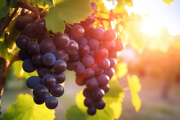 Raisins en grappes nature récolte du vin feuilles de vigne soleil couchant vert