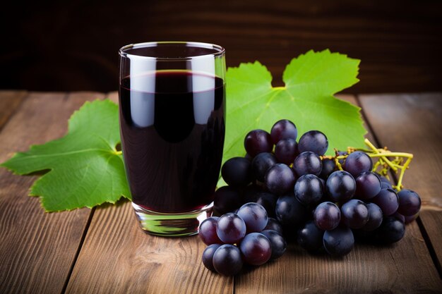 Des raisins noirs frais avec des feuilles et un verre de jus sur une table en bois