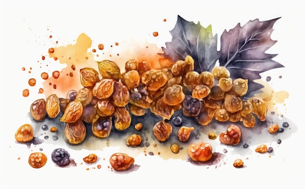 Raisins et raisins secs dessinés sur fond blanc aquarelle illustrations d'aliments biologiques générés par ai