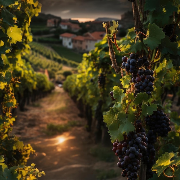 Raisins rouges dans un vignoble avec une lumière dorée carrelée