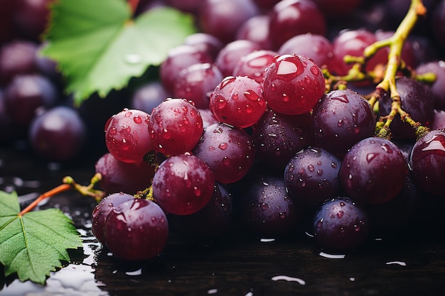 Des raisins rouges frais et mûrs avec des gouttes d'eau sur fond noir en gros plan