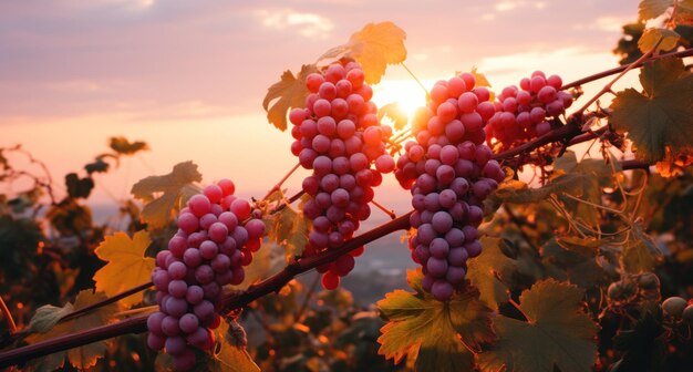 les raisins rouges poussent sur les vignes au coucher du soleil