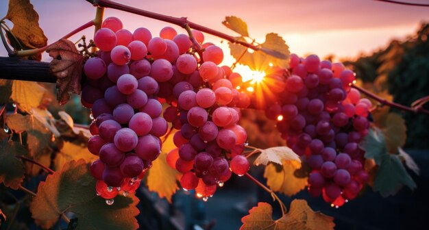 les raisins rouges poussent sur les vignes au coucher du soleil