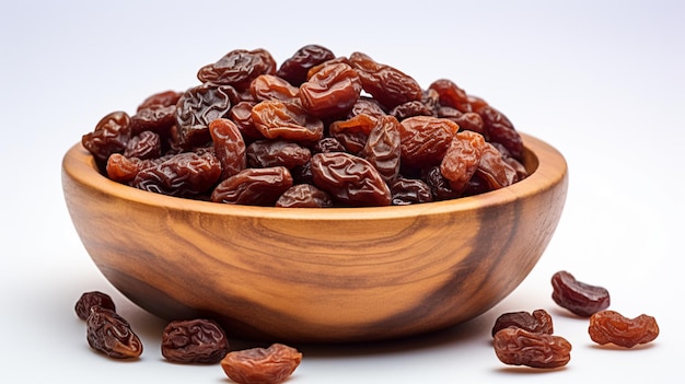 Raisins secs dans un bol en bois isolé sur fond blanc AI Generative