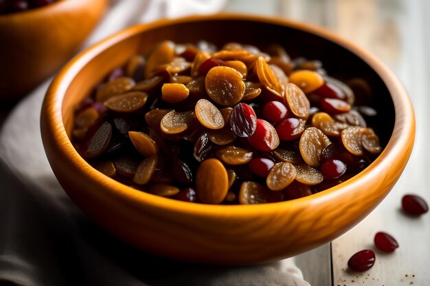 Raisins secs dans un bol en bois