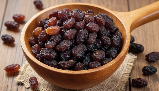 Des raisins secs dans un bol avec une cuillère en bois sur un fond en bois