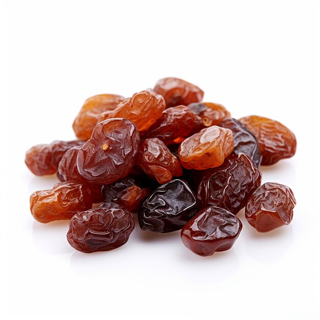 Des raisins secs sur fond blanc