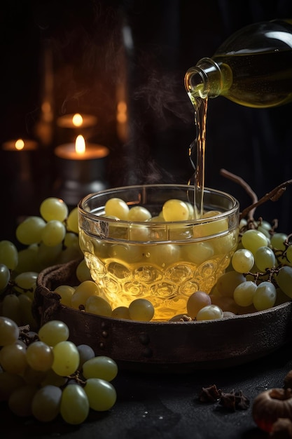 Des raisins sont placés à côté d'un verre de vin blanc.