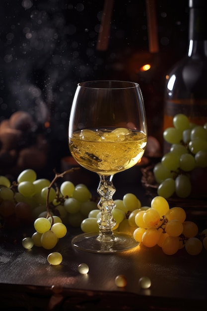 Des raisins sont placés à côté d'un verre de vin blanc.