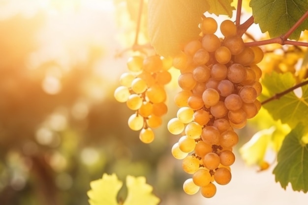 Raisins suspendus à une vigne avec le soleil qui brille sur eux