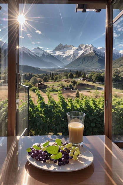 des raisins sur une table avec des montagnes en arrière-plan