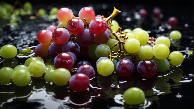 raisins tombant sur la surface de l'eau de fond noir