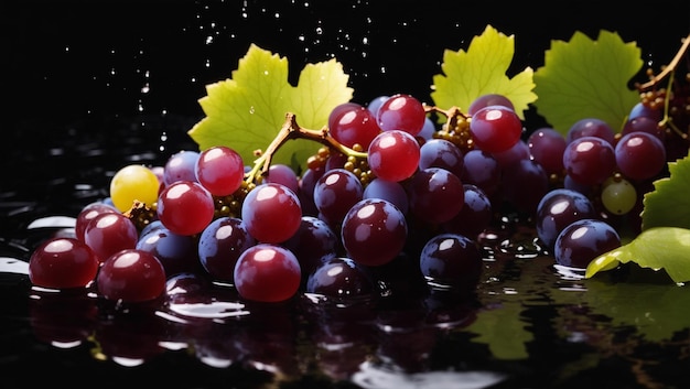 raisins tombant sur la surface de l'eau de fond noir