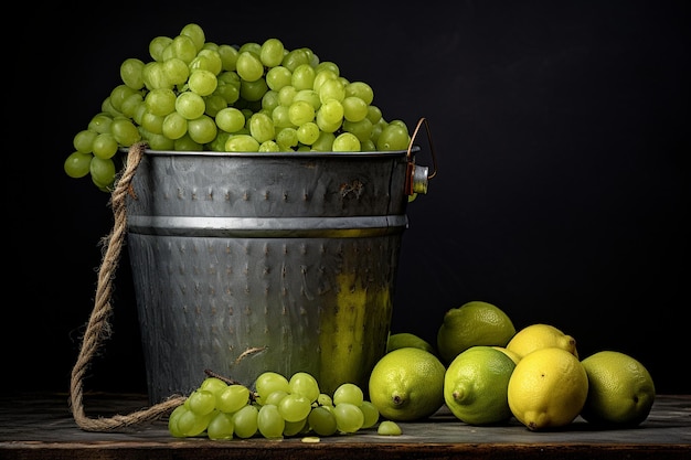 Des raisins verts dans un mini seau avec des tranches de citron