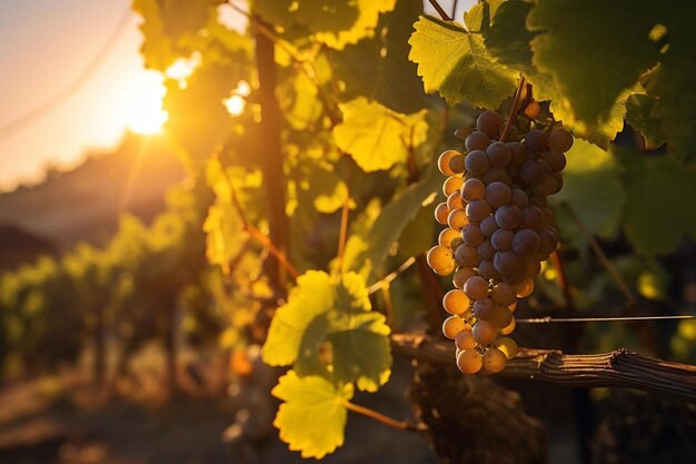 raisins sur une vigne avec le soleil derrière eux