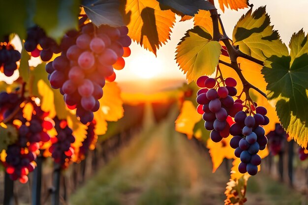 Raisins sur une vigne avec le soleil derrière eux