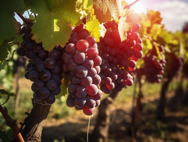 Raisins sur une vigne avec le soleil qui brille sur eux