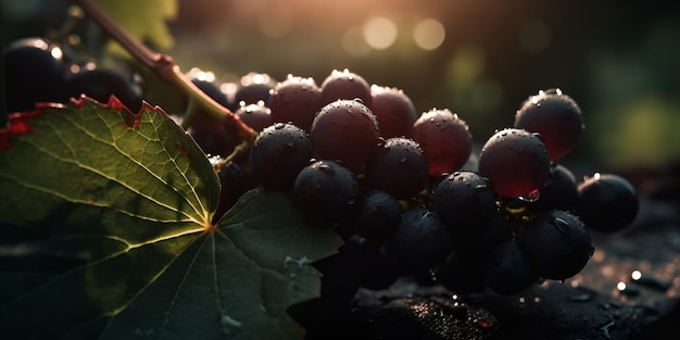 Raisins sur une vigne avec le soleil qui brille sur eux