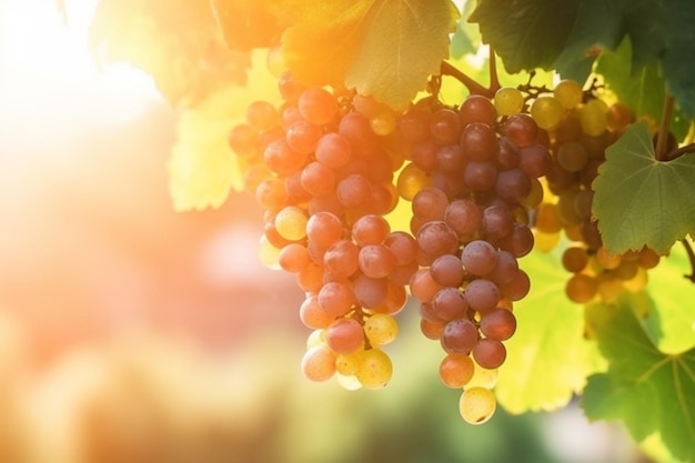 Raisins sur une vigne avec le soleil qui brille sur eux