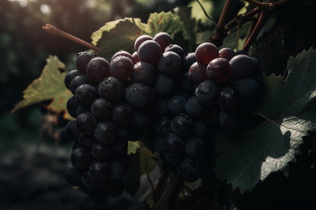 Raisins sur une vigne avec le soleil qui brille sur eux