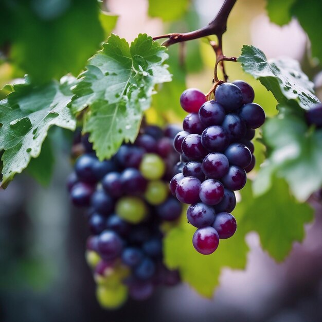 Des raisins violets juteux sur des feuilles mouillées une collation d'automne fraîche avec de l'eau