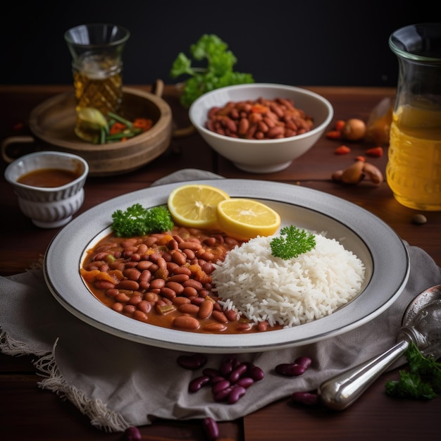 Rajma chawal nourriture réconfortante du nord de l'Inde servie dans un bol avec du riz au citron