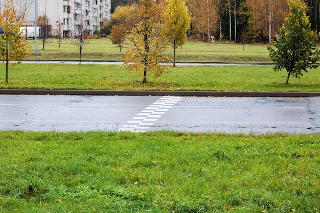 Ralentisseur sur la route parmi l'herbe et les arbres